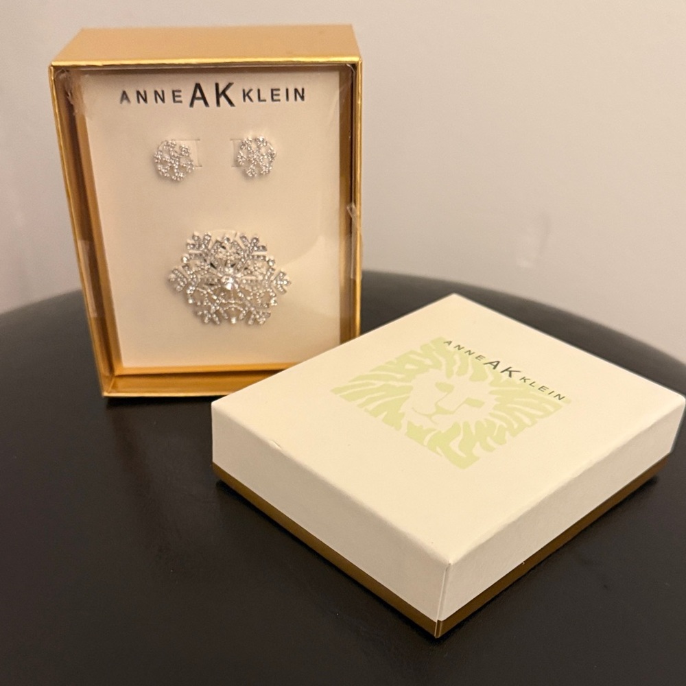 Anne Klein Snowflake Brooch and Earring Set.  Brand new in box.